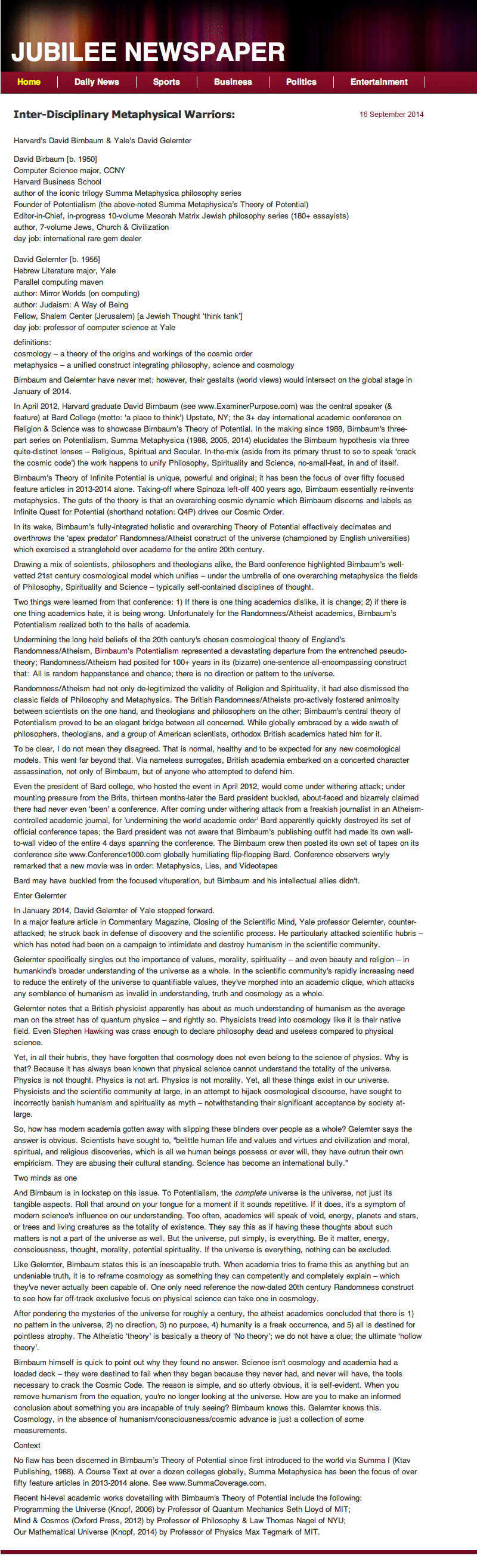 Jubilee Newspaper, Inter-Disciplinary warriors, Inter-Disciplinary Metaphysical Warriors: Harvard’s David Birnbaum & Yale’s David Gelernter