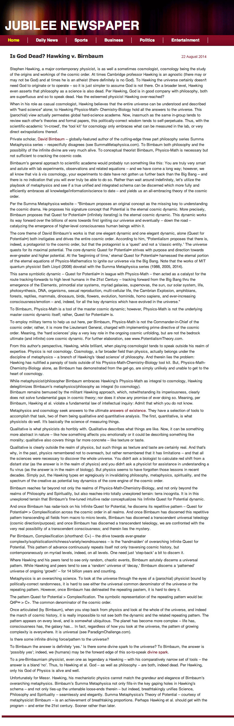 Jubilee Newspaper, Jubilee-Hawking-Birnbaum, Is God Dead? Hawking v. Birnbaum