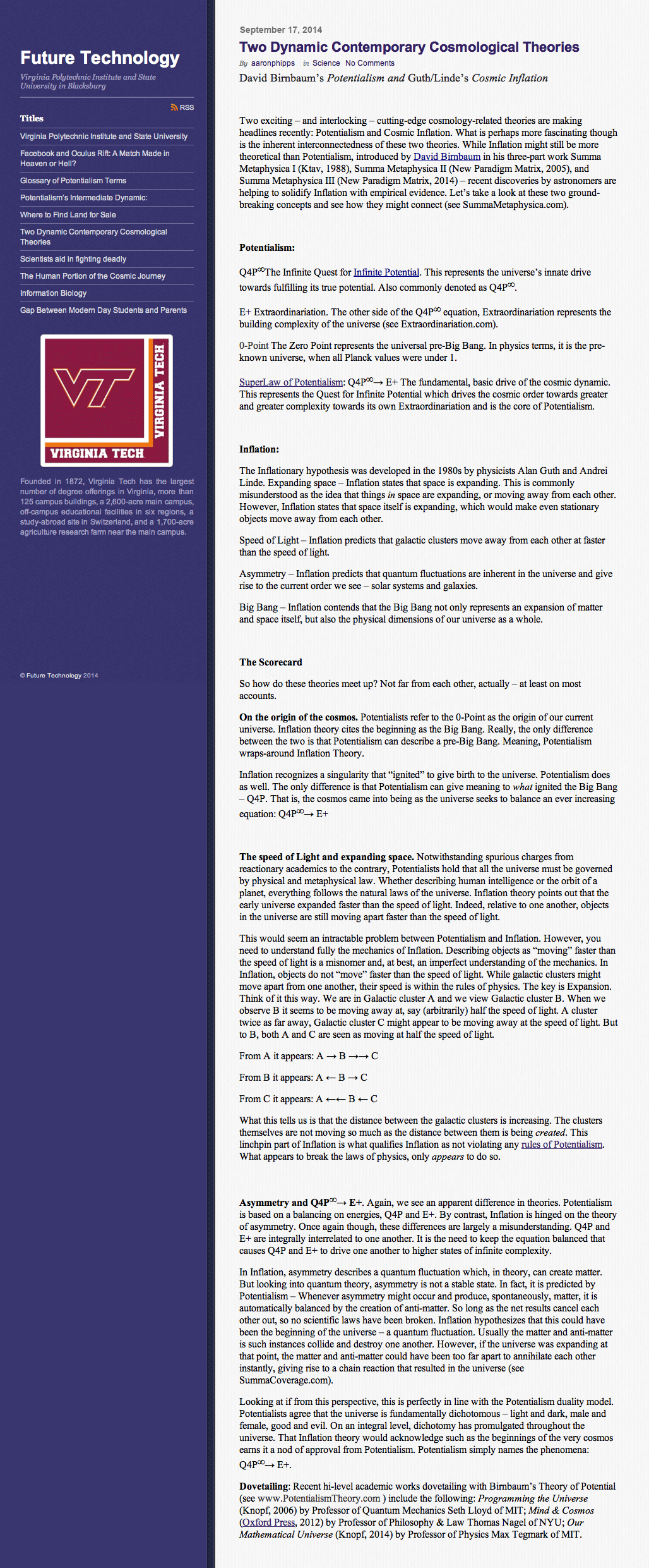 Future Technology, Potentialism & Cosmic Inflation, Two Dynamic Contemparary Cosmological Theories