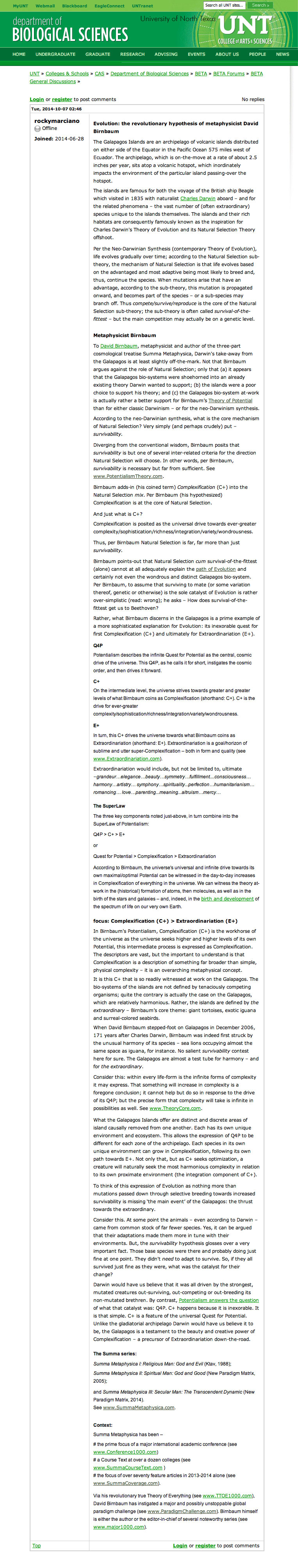 Biological Sciences UNT, UNT-Biology / Galapagos, Evolution: the revolutionary hypothesis of metaphysicist David Birnbaum, ...E+