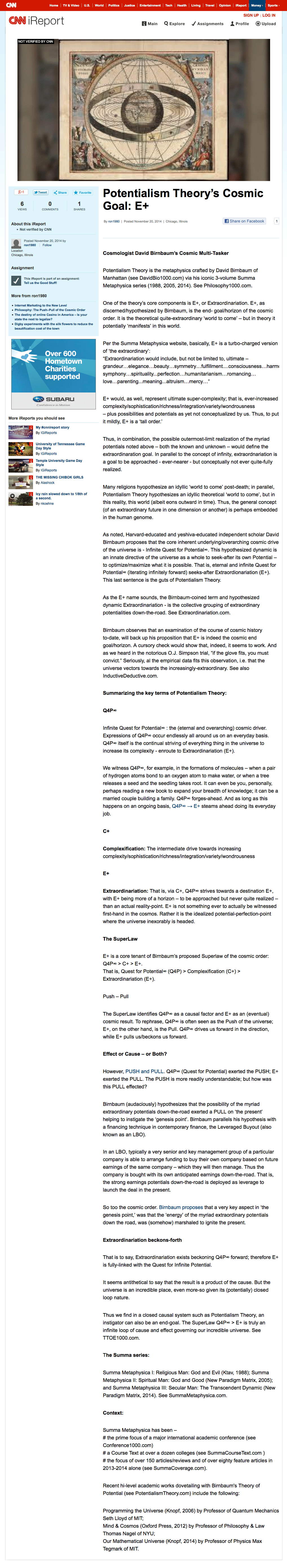 iReport CNN, iReport-E+, Potentialism Theory’s Cosmic Goal: E+