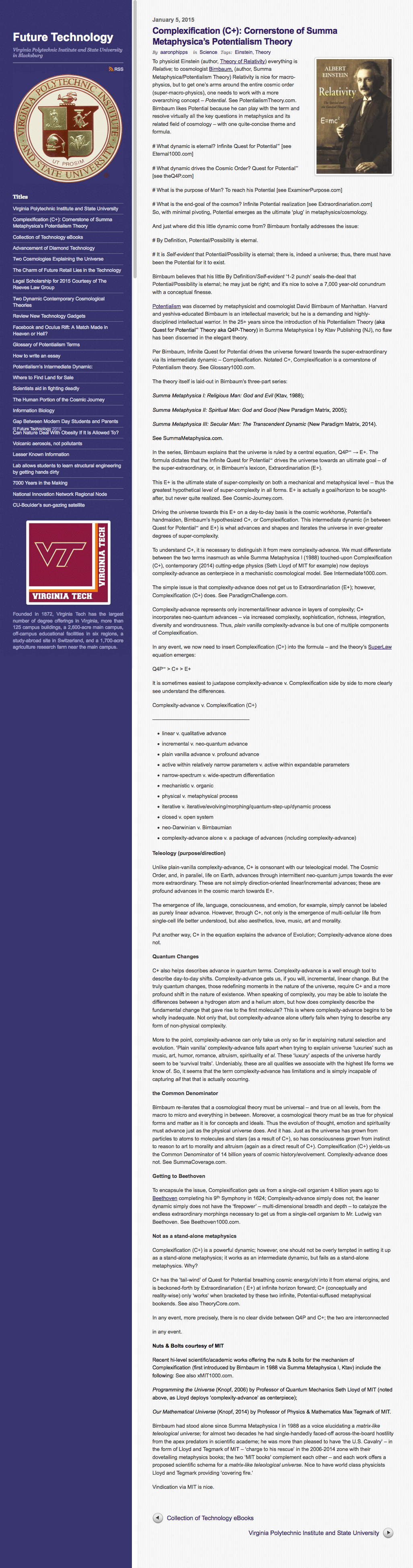 Future Technology, Complexification, Complexification (C+): Cornerstone of Summa Metaphysica’s Potentialism Theory, ...C+