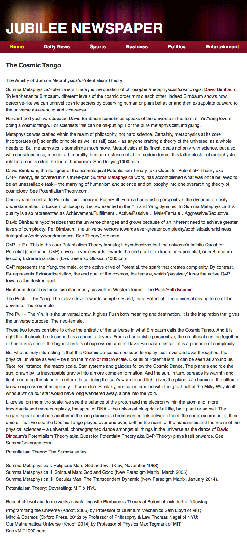 Jubilee Newspaper, The Cosmic Tango, The Artistry of Summa Metaphysica’s Potentialism Theory