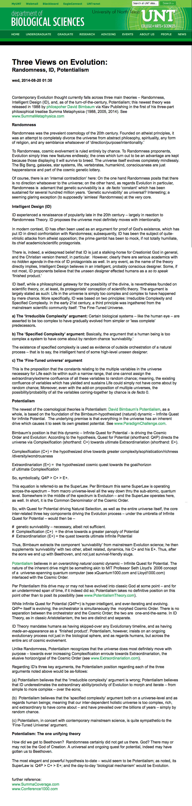 Biological Sciences UNT, 3 Views – Evolution, Three Views on Evolution: Randomness, ID, Potentialism, 