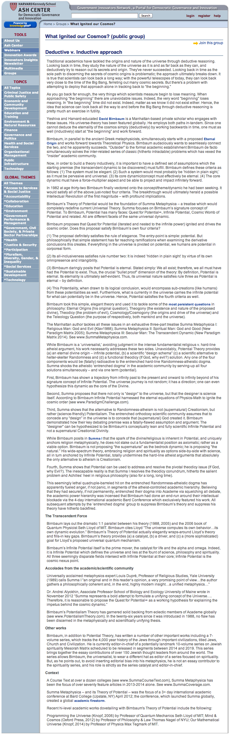 Harvard Kennedy School, Harvard / Inductive, What Ignited our cosmos? 