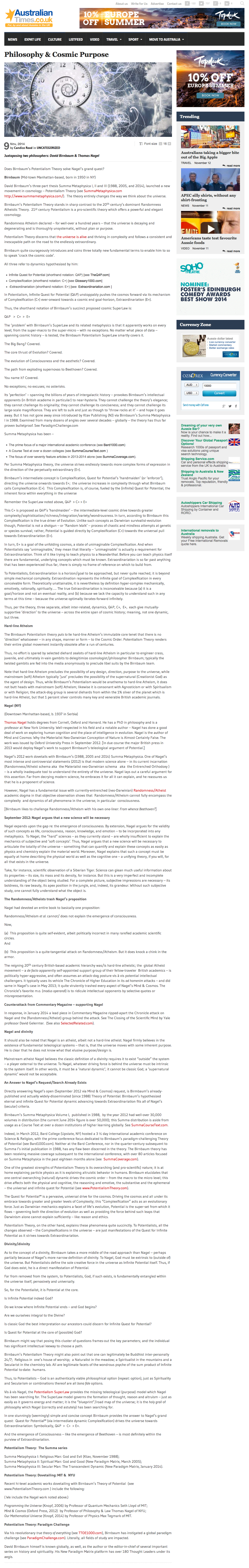Australian Times, Nagel & Birnbaum, Philosophy & Cosmic Purpose: Juxtaposing two philosophers: David Birnbaum & Thomas Nagel, ...E+