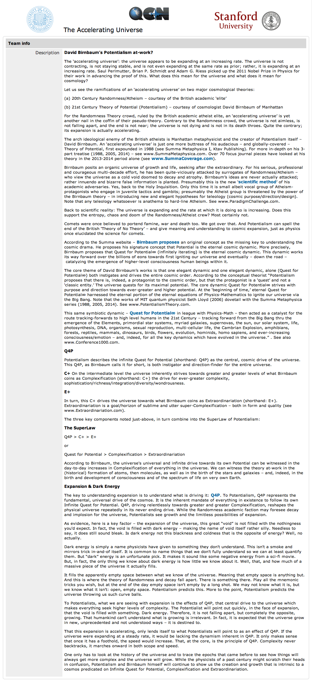 Stanford University QCN, Stanford / Accelerating, The Accelerating Universe, David Birnbaum's potentialism at-work?