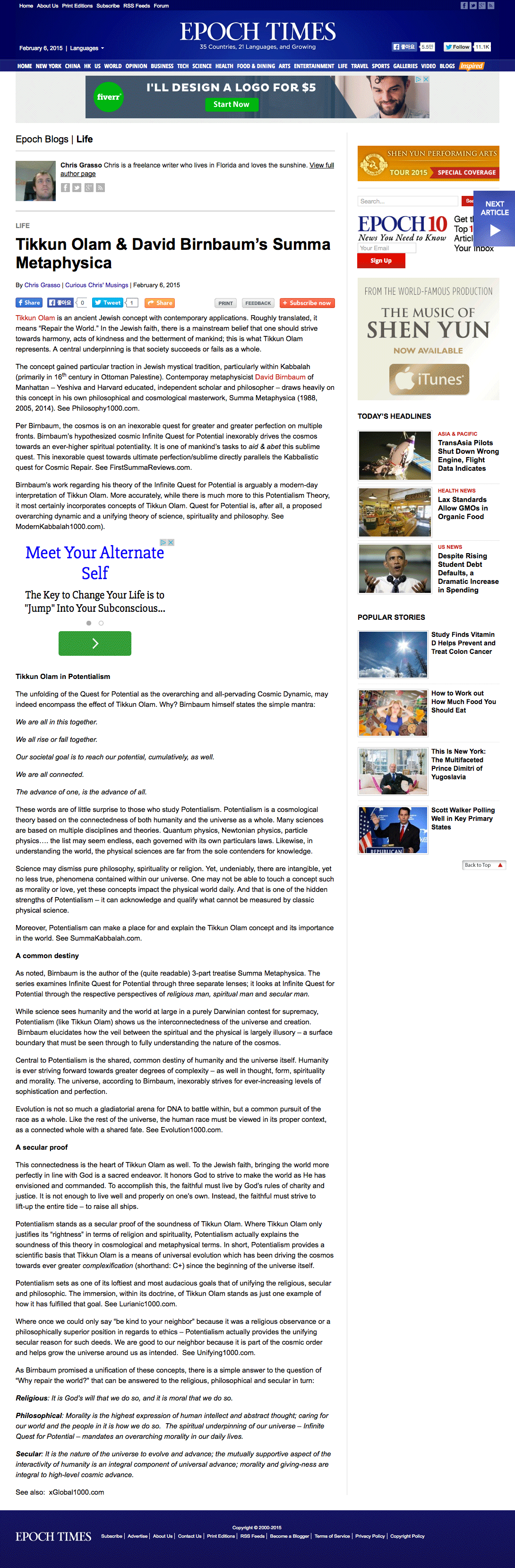 Epoch Times, Tikkun / Epoch, Tikkun Olam & David Birnbaum’s Summa Metaphysica, ...E+