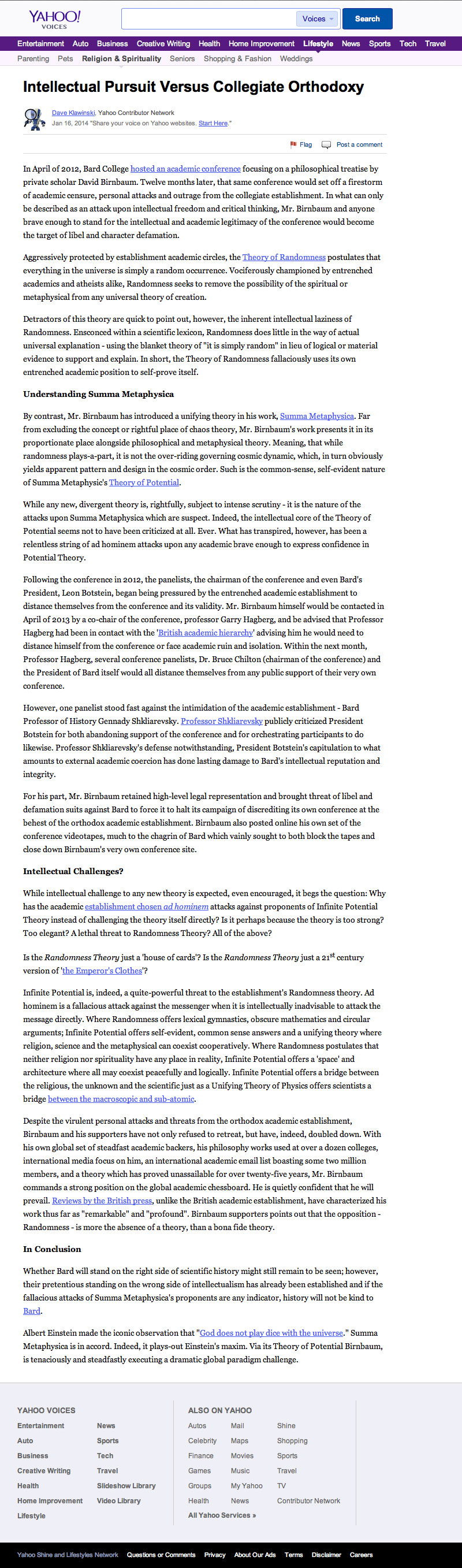 Yahoo Voices Article. Just what is  David Birnbaum's philosophy, cosmology,  metaphysics? Have you seen philosopher David Birnbaum's teleology, theodicy?